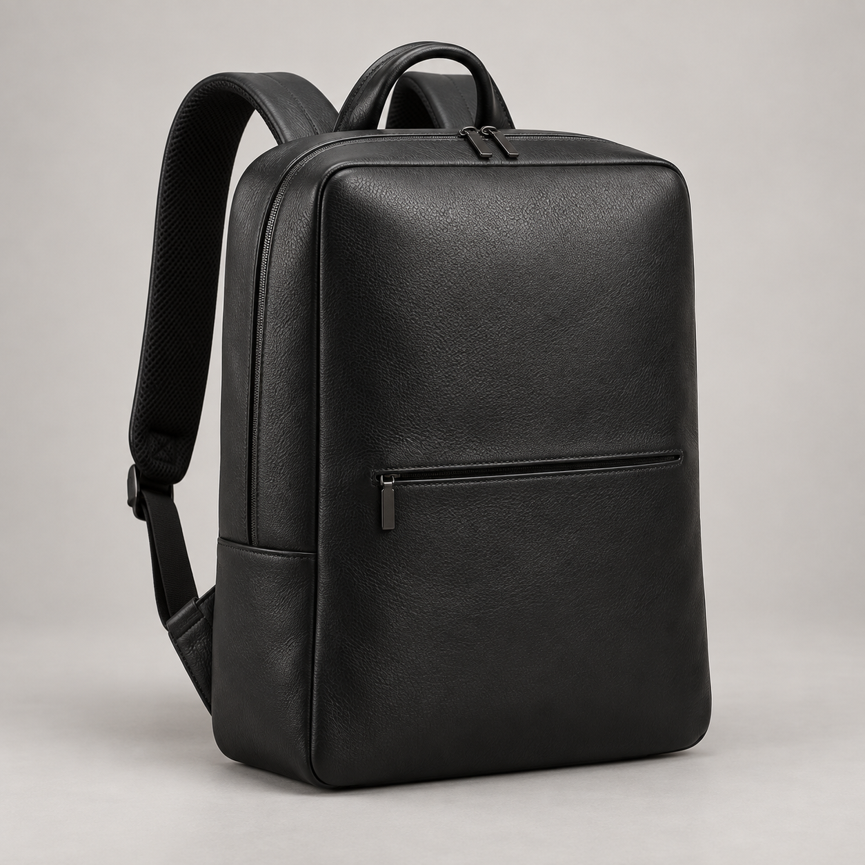 Noir Commuter: Minimal rectangular backpack with a concealed-looking zip line and a slim front pocket. Illustrative design reference.