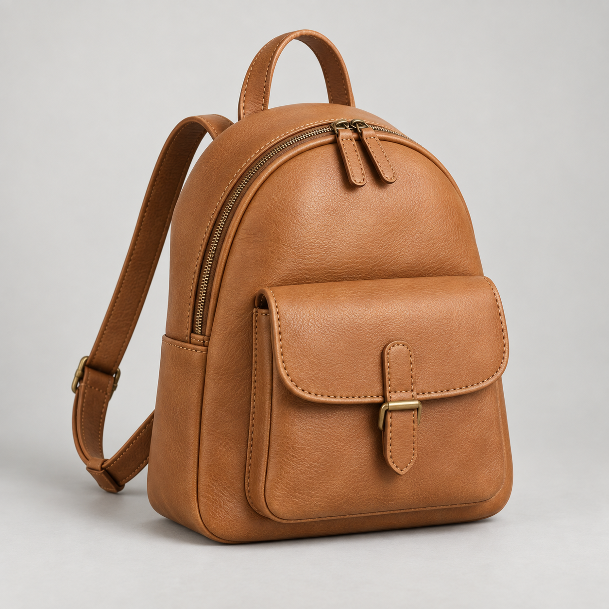 Tan Mini Pack: Small rounded backpack with a front flap pocket and a short loop handle. Illustrative design reference.