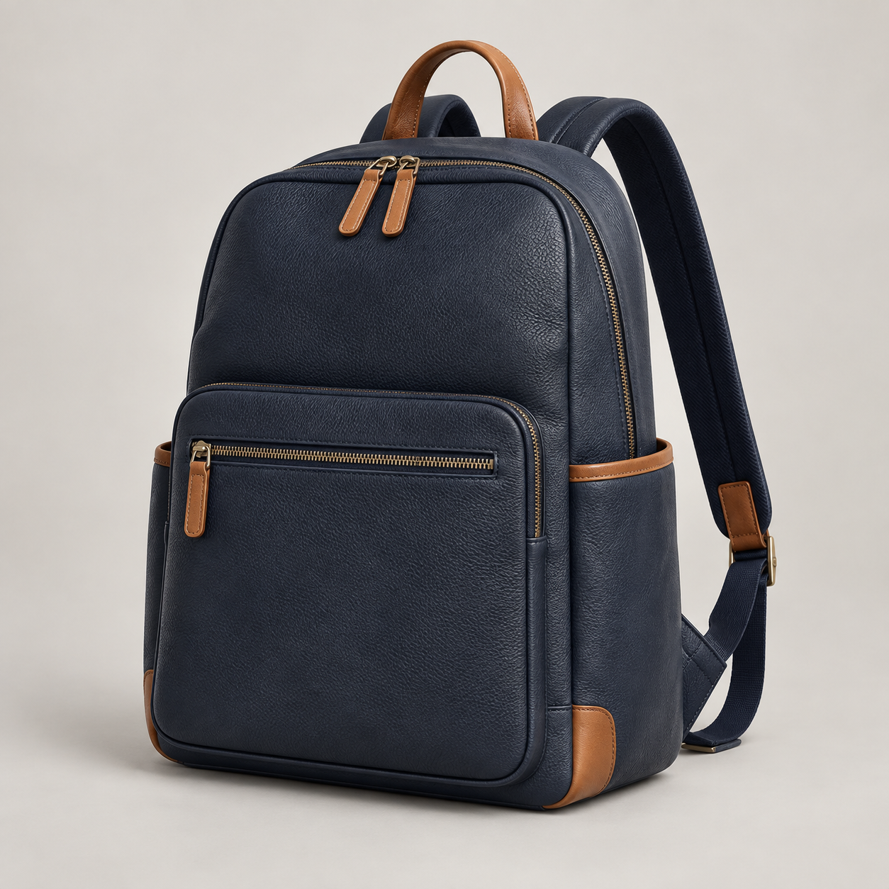 Navy Urban Pack: Structured urban backpack with a wide top zip, front compartment and tan accents. Illustrative design reference.