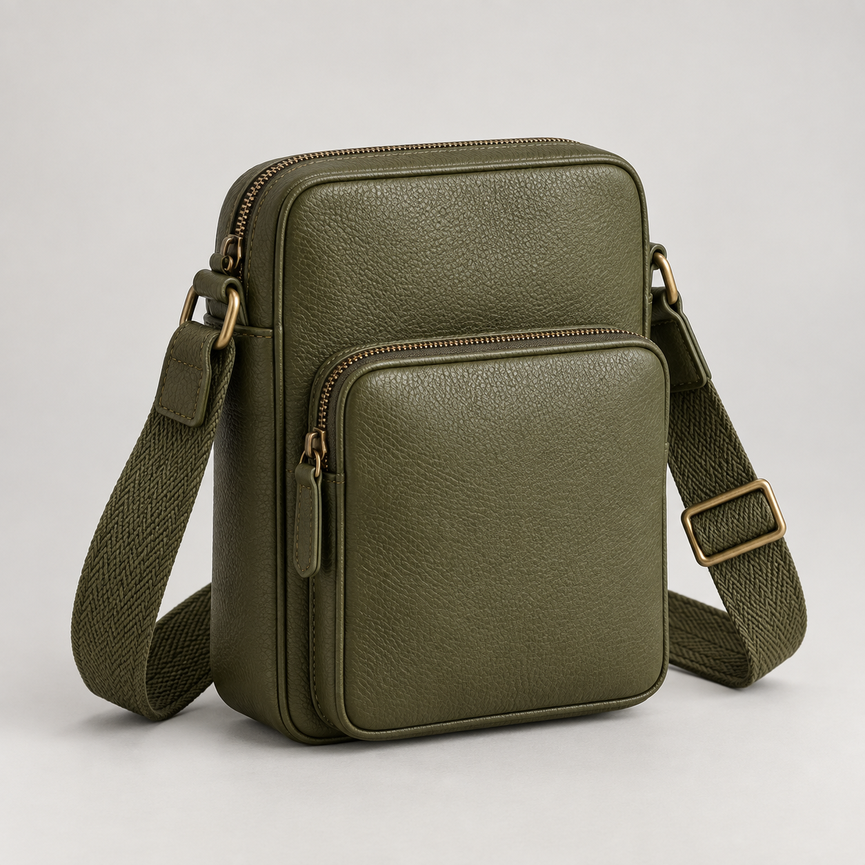 Olive Utility: Vertical crossbody silhouette with a boxy front pocket and a wide woven-look strap. Illustrative design reference.