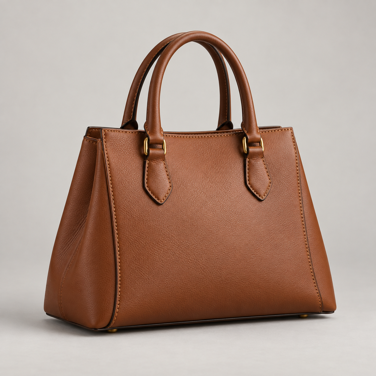 Cognac Carryall: Structured trapezoid shape with twin rounded handles and brass-tone fittings. Illustrative design reference.