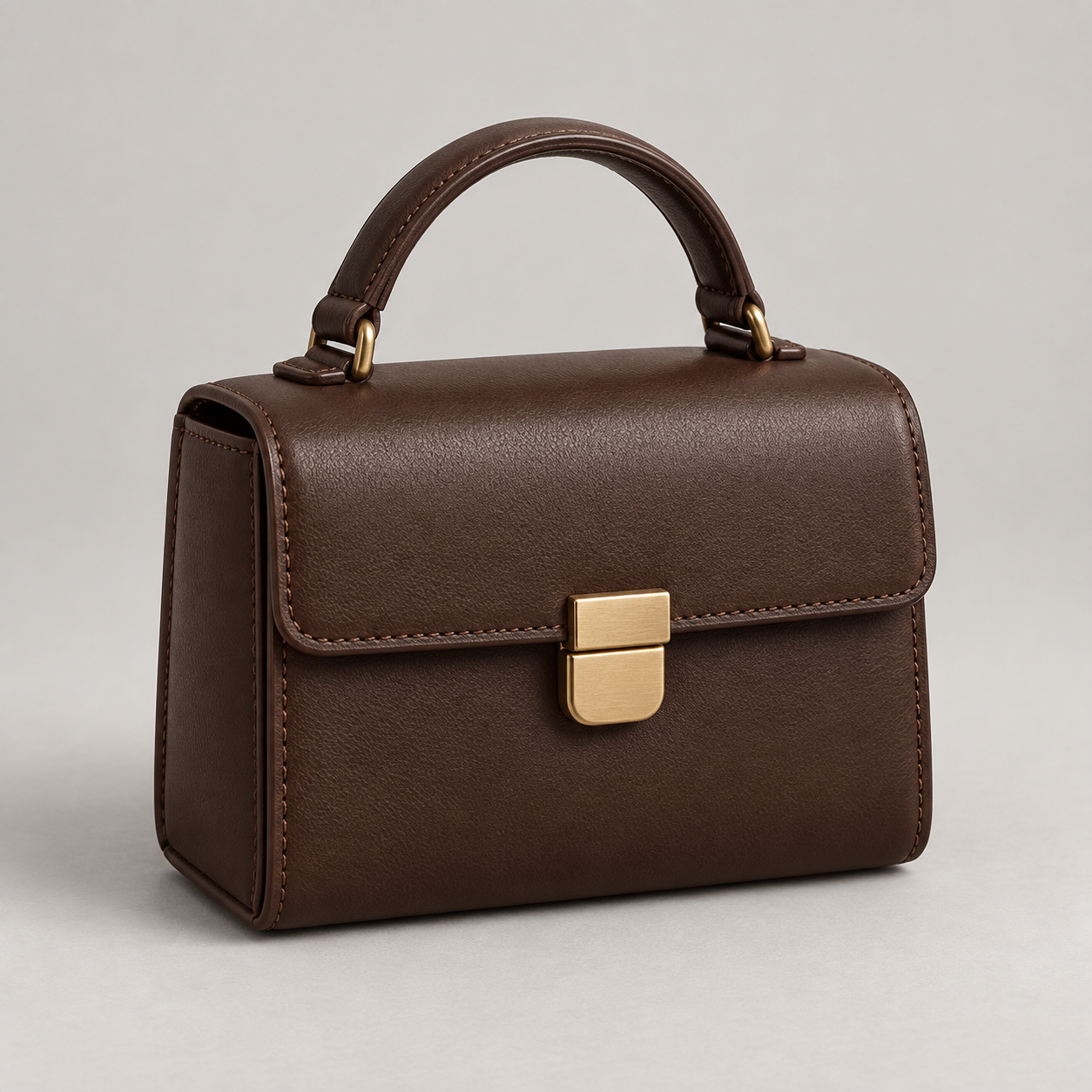 Espresso Mini: Mini box-shaped handbag with a short top handle and delicate brass-tone clasp. Illustrative design reference.