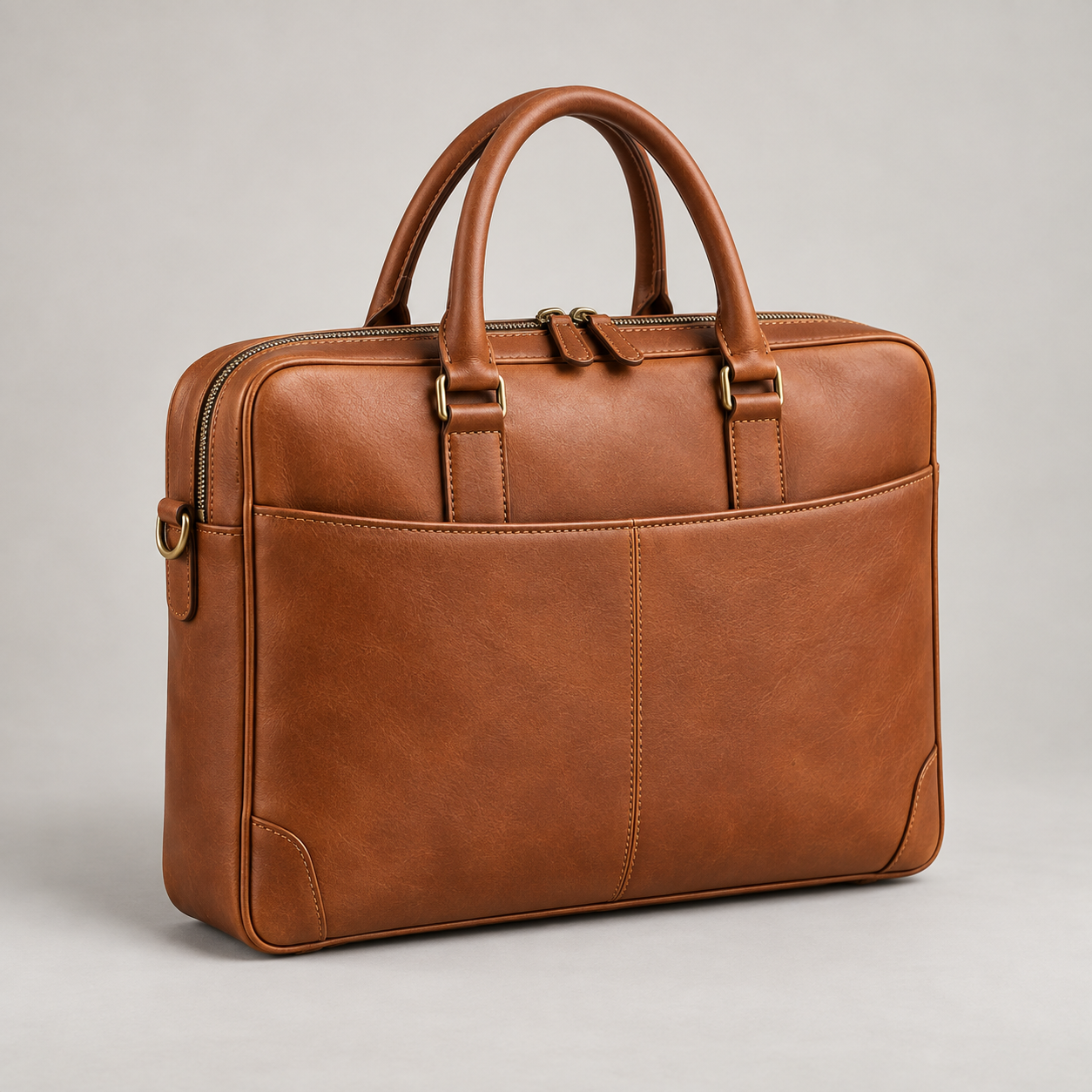 Cognac Executive: Structured briefcase silhouette with twin handles, a top zip and a slim front slip pocket. Illustrative design reference.