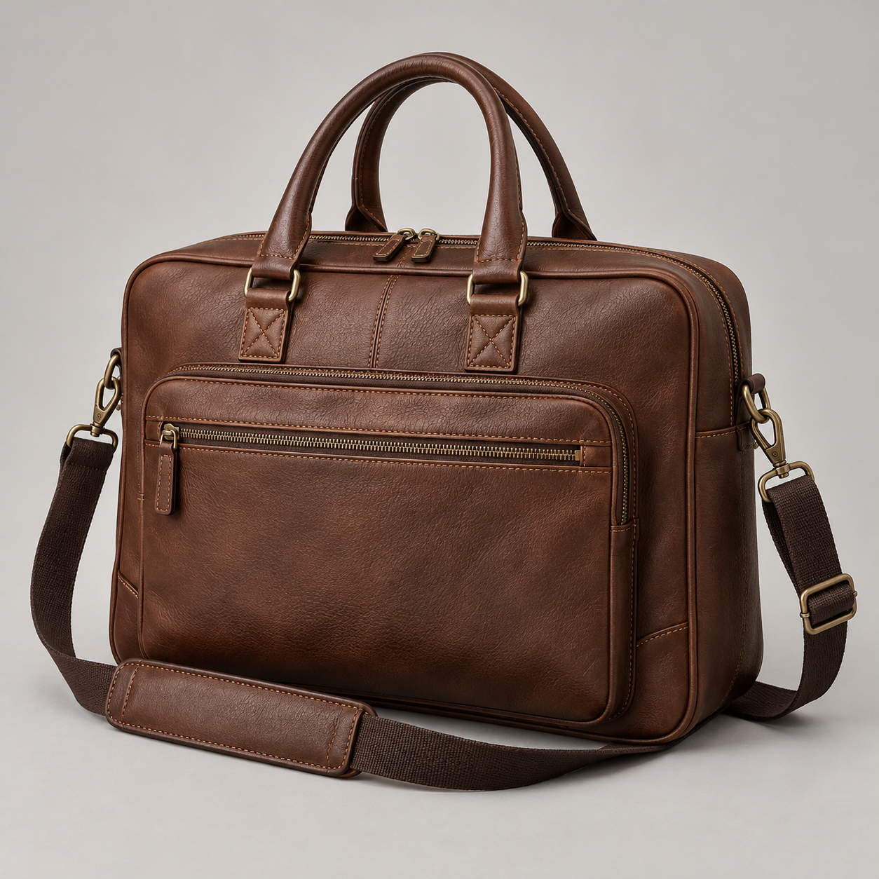 Walnut Commuter: Soft-sided work bag with double handles, a zipped front compartment and a shoulder strap. Illustrative design reference.