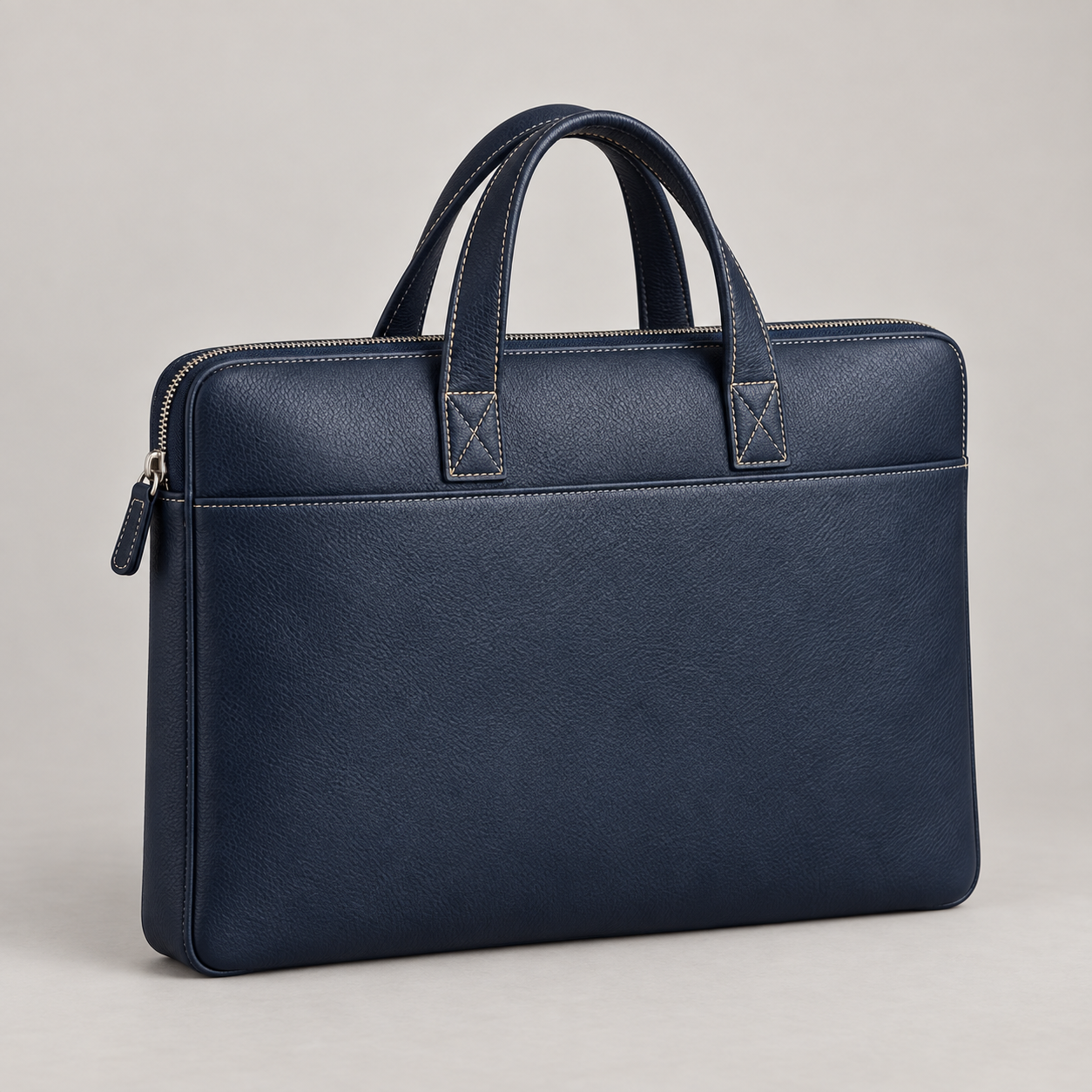 Navy Document Case: Minimal zip-top document case with short handles and clean contrast stitching. Illustrative design reference.