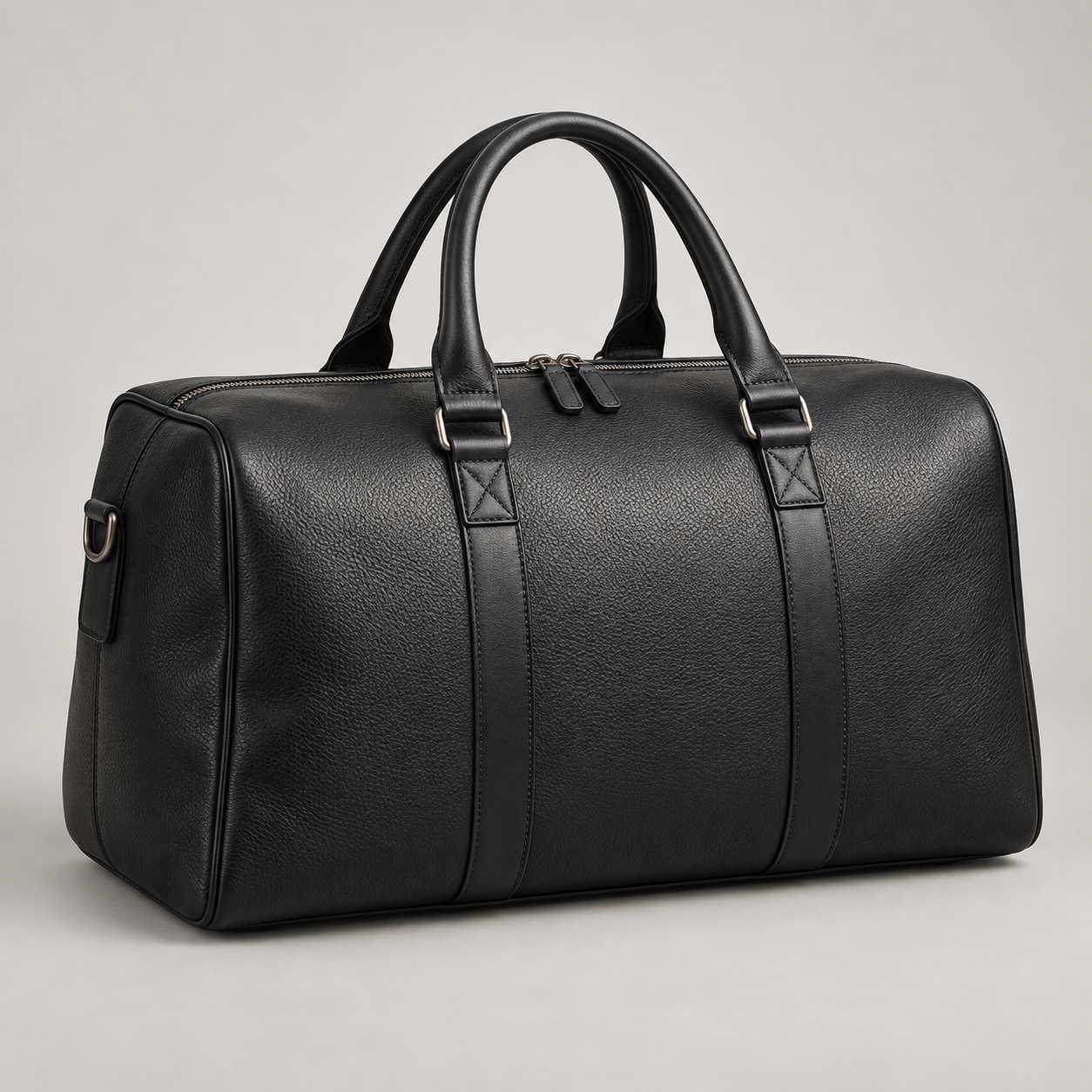Noir Holdall: Clean rectangular holdall silhouette with broad top handles and minimal metal fittings. Illustrative design reference.