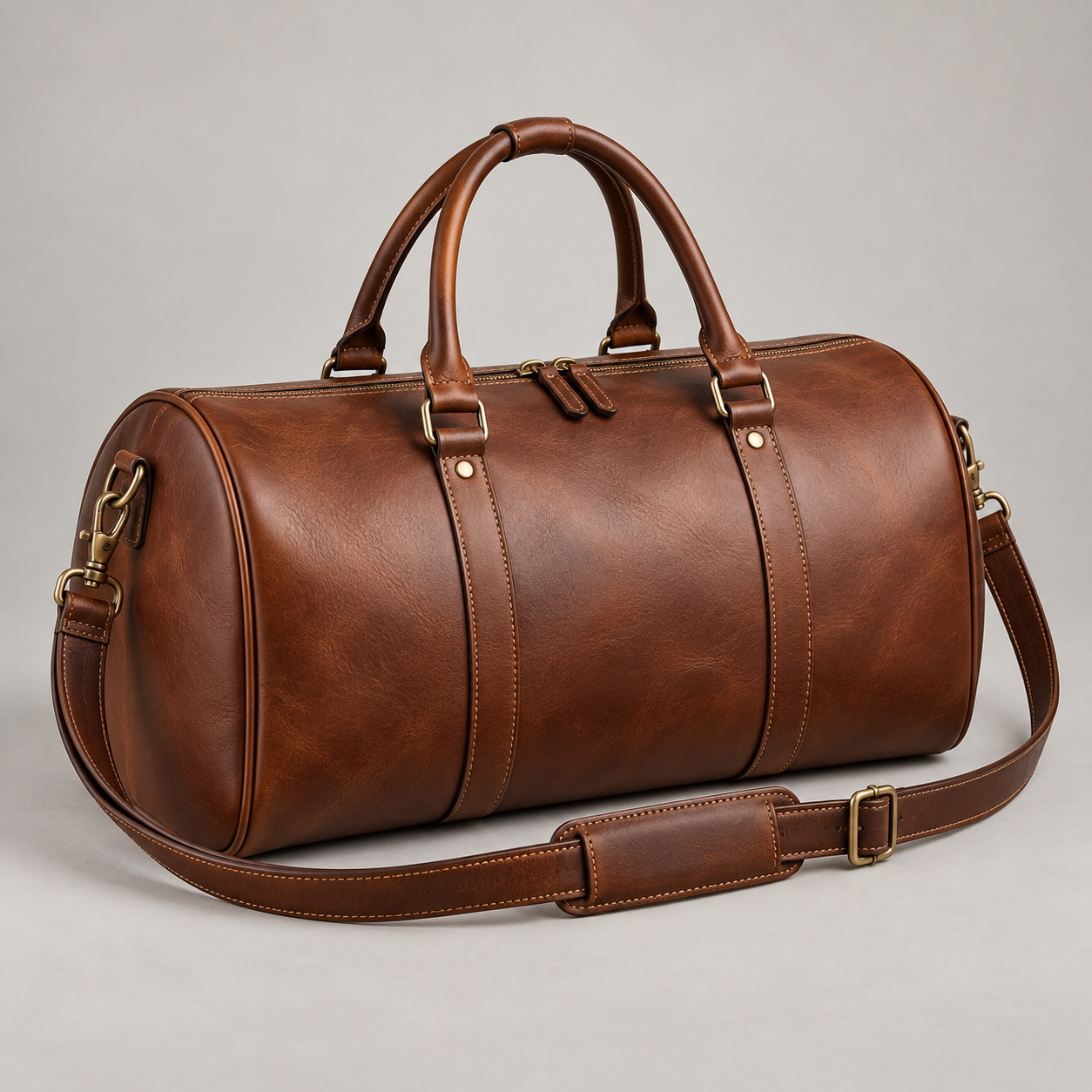 Chestnut Duffle: Barrel-shaped duffle with curved end panels and a detachable shoulder strap. Illustrative design reference.