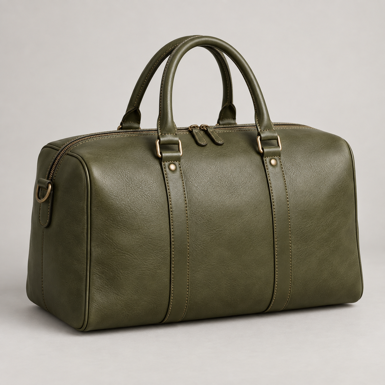 Olive Cabin Bag: Compact boxy travel silhouette with twin handles and a wide zip opening. Illustrative design reference.