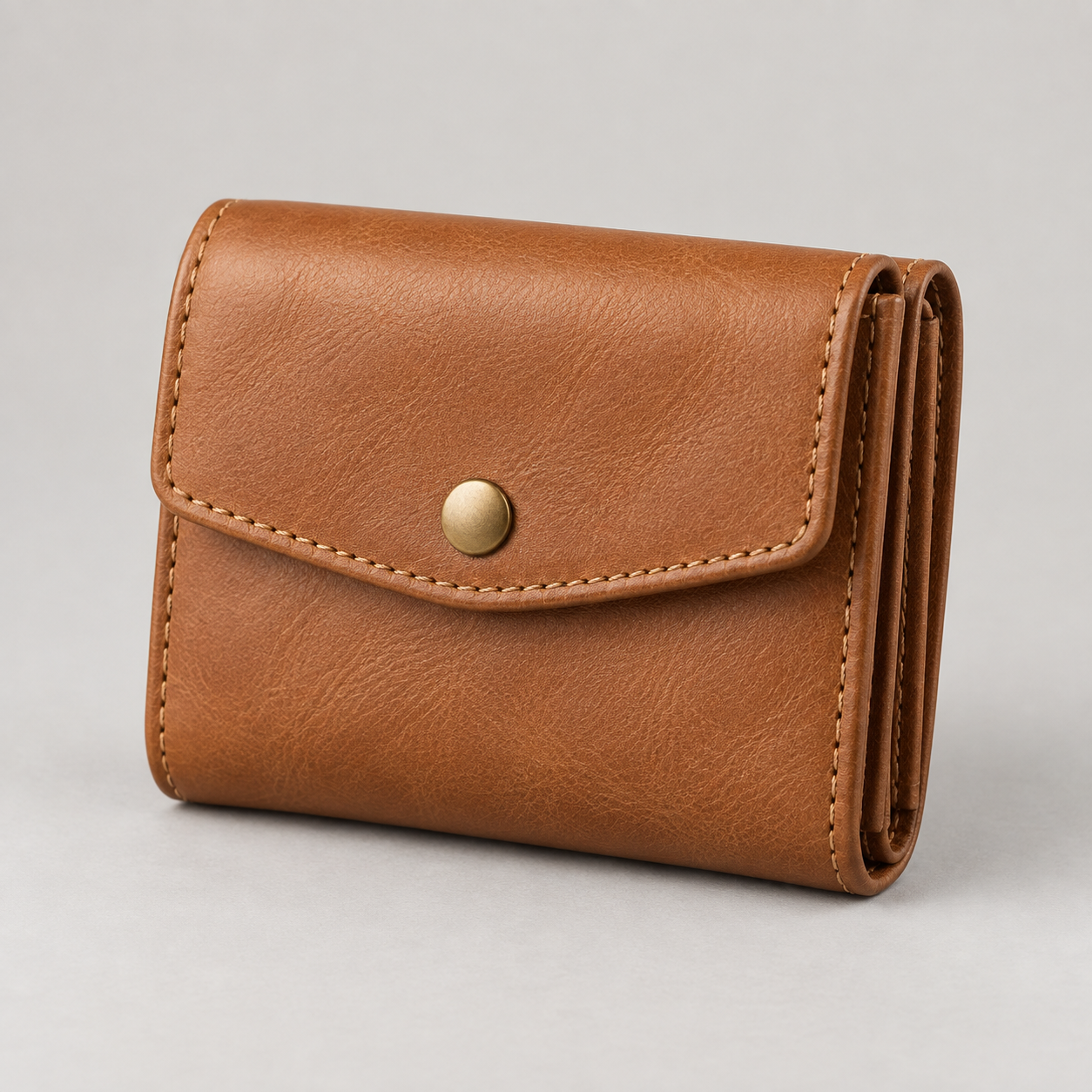 Tan Trifold: Compact folded trifold silhouette with a small snap-fastened outer flap. Illustrative design reference.